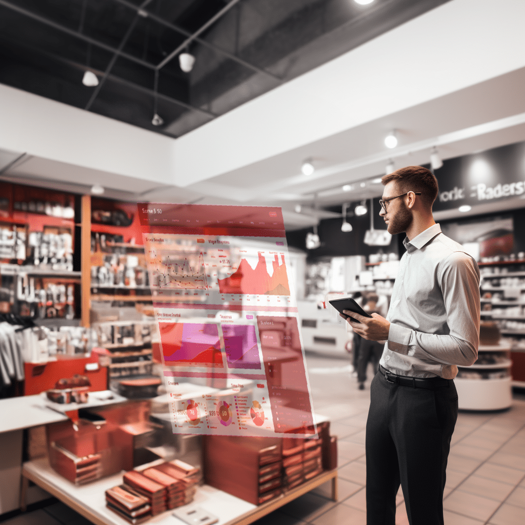 Man looking at digital data in a store