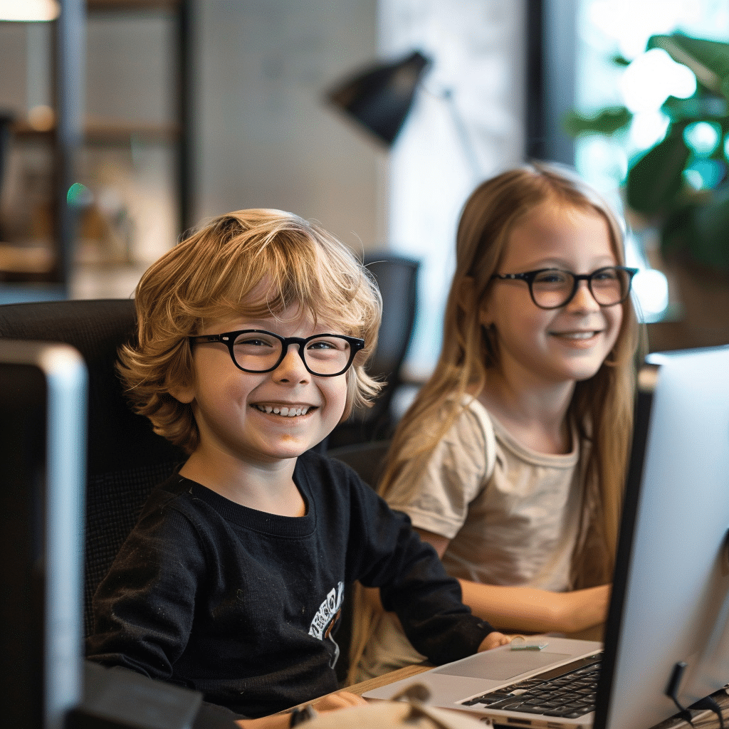 A young boy and girl happy working in an office